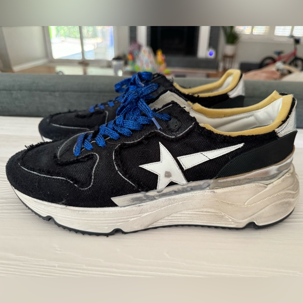 Golden Goose Running Sole sneakers in black distressed canvas with multi-foxing